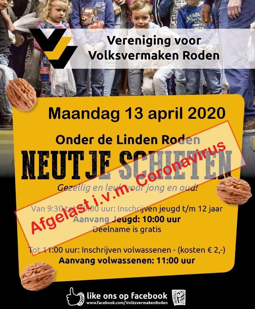 13 april 2020 staat het ‘Traditionele Neutje Schieten’ op het programma en ook hier hebben we nu moeten besluiten, om deze niet door te laten gaan. Heel jammer, maar wel noodzakelijk.