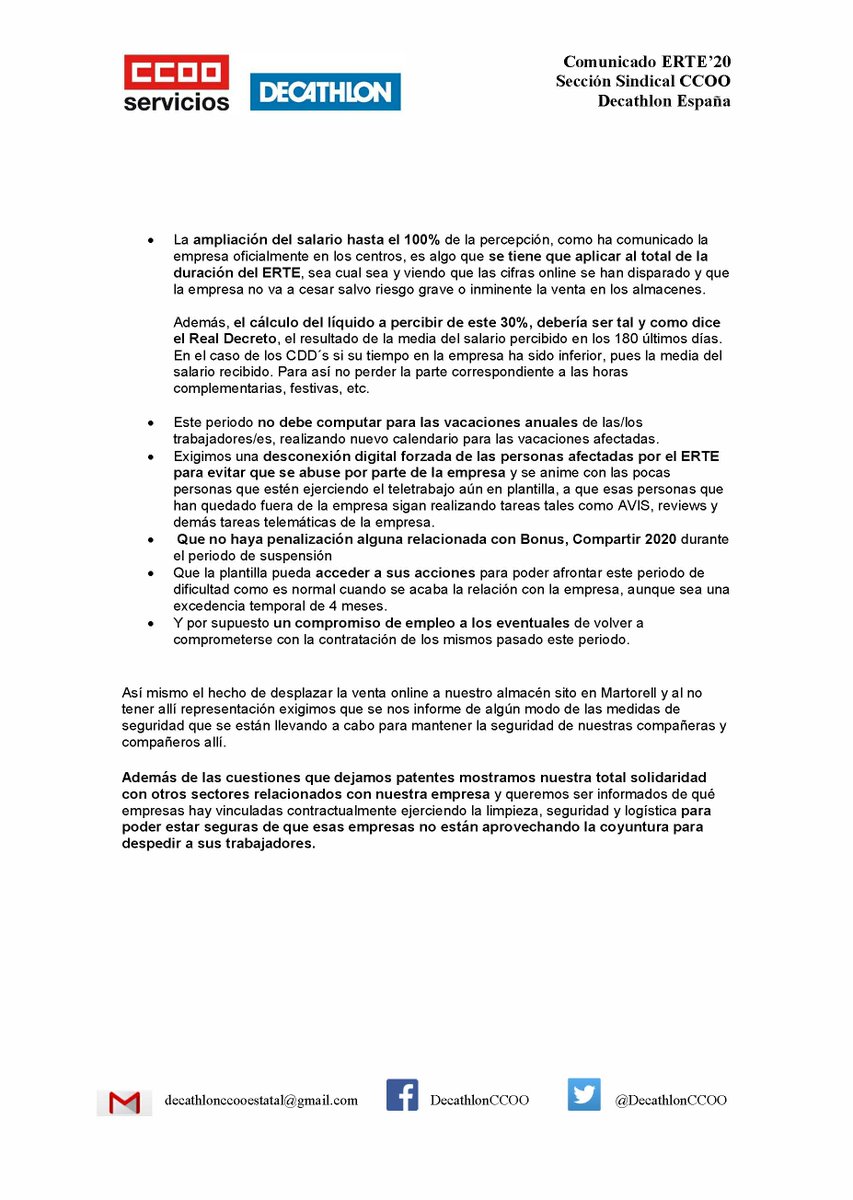 DecathlonCcoo's tweet photo. Comunicado sobre el ERTE a 8886 personas en nuestra empresa.
Creemos que otra salida es posible, hemos aprendido que las crisis no pueden cargarse siempre sobre la sociedad.
#FrenemosLaCurvaSocial #Covid19 #NOERTES #ERTEDecathlon https://t.co/iqDH98Piw7