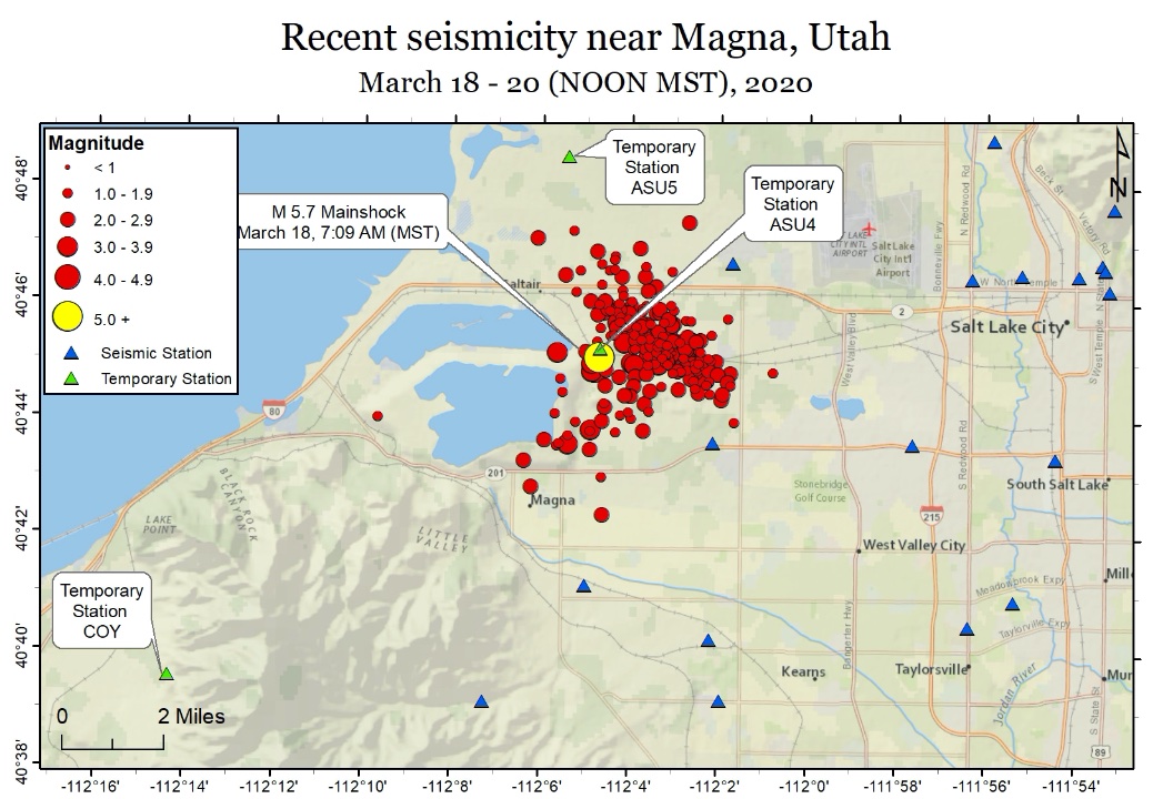 UUSSquake's tweet photo. We have located 213 earthquakes that occurred in the Magna, Utah, area from March 18 through March 20. The largest of these earthquakes was the M5.7 mainshock that occurred at 7:09am on March 18. The remaining 212 are aftershocks. There have been 26 aftershocks of M3 and larger. https://t.co/hn939TFhby