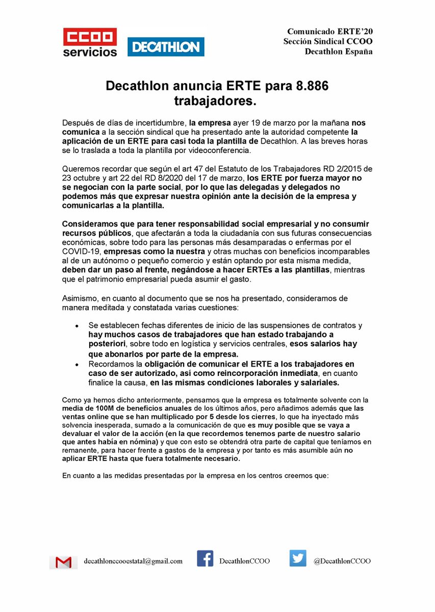 DecathlonCcoo's tweet photo. Comunicado sobre el ERTE a 8886 personas en nuestra empresa.
Creemos que otra salida es posible, hemos aprendido que las crisis no pueden cargarse siempre sobre la sociedad.
#FrenemosLaCurvaSocial #Covid19 #NOERTES #ERTEDecathlon https://t.co/iqDH98Piw7