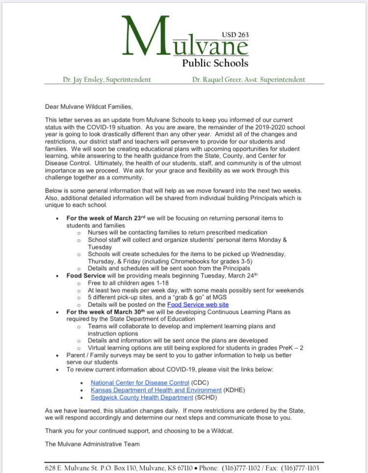 MulvaneSchools's tweet photo. Here’s an important update from Superintendent, Dr. Jay Ensley. We will continue providing you with updates as soon as they are available. We miss our students and can’t wait to connect with you soon!  Watch a message from Dr. Ensley by clicking here:  https://t.co/brWJesr3ZH https://t.co/Guy66rnG1l