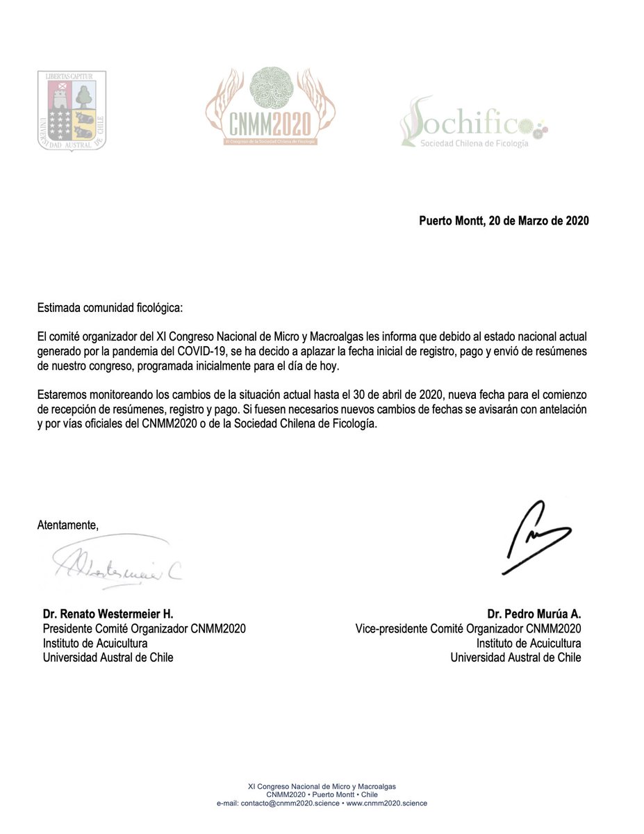 cnmm2020's tweet photo. Estimados y Estimadas colegas y estudiantes ficologos,
Se adjunta información relacionada a nueva fecha para registro y envío de resúmenes para nuestro congreso. Los mantendremos informados si surgiesen nuevos cambios  re: COVID-19 #cnmm2020 @sochifico @UAustraldeChile @SedeUACh https://t.co/iNXSS7H0MC