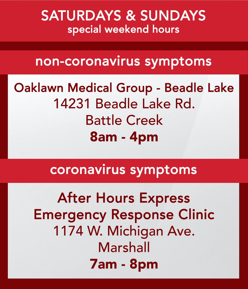 OaklawnCares's tweet photo. ON WEEKENDS from 8am - 4pm, patients with non-coronavirus symptoms should go to Oaklawn Medical Group - Beadle Lake rather than the After Hours Express - Emergency Response Clinic. Weekend hours are walk-in only. Call (269) 789-7614 if you're unsure of where to go. https://t.co/TBRAsl8iRI