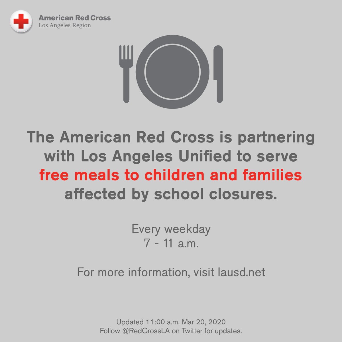 RedCrossLA's tweet image. EXTENDED HOURS: The @RedCrossLA, in partnership with @LASchools and @ReadyLACounty, will be distributing food to students affected by school closures due to the #coronavirus #covid19. Meals will be distributed from 7-11 a.m. on weekdays. Volunteers needed: RedCross.org/la-covid