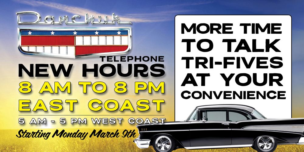 DanchukUSA's tweet photo. New telephone hours at Danchuk! To better service our east coast customers we are now open for phone sales from 8am to 8pm EDT. That is 5am to 5pm PDT on the west coast.
#danchuk #danchukusa #madeintheusa #requestthebest https://t.co/OThehZb1b5
