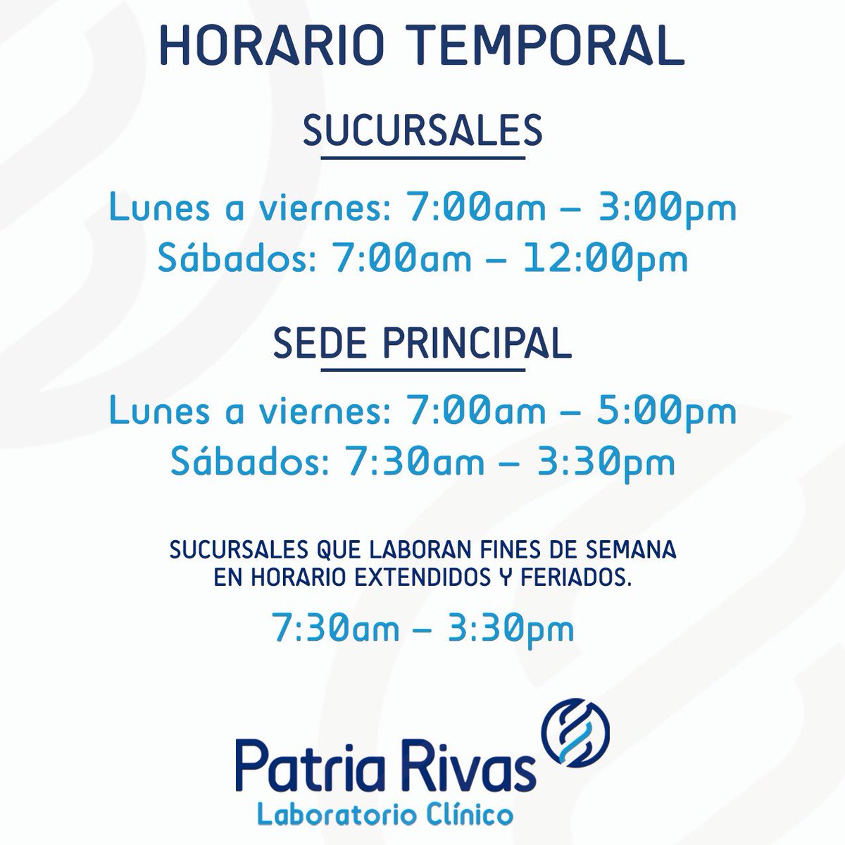 LabPatriaRivas1's tweet photo. Horario temporal de nuestras sucursales. | #LabPatriaRivas #coronavirus #covid_19 https://t.co/al7kvcNF7W