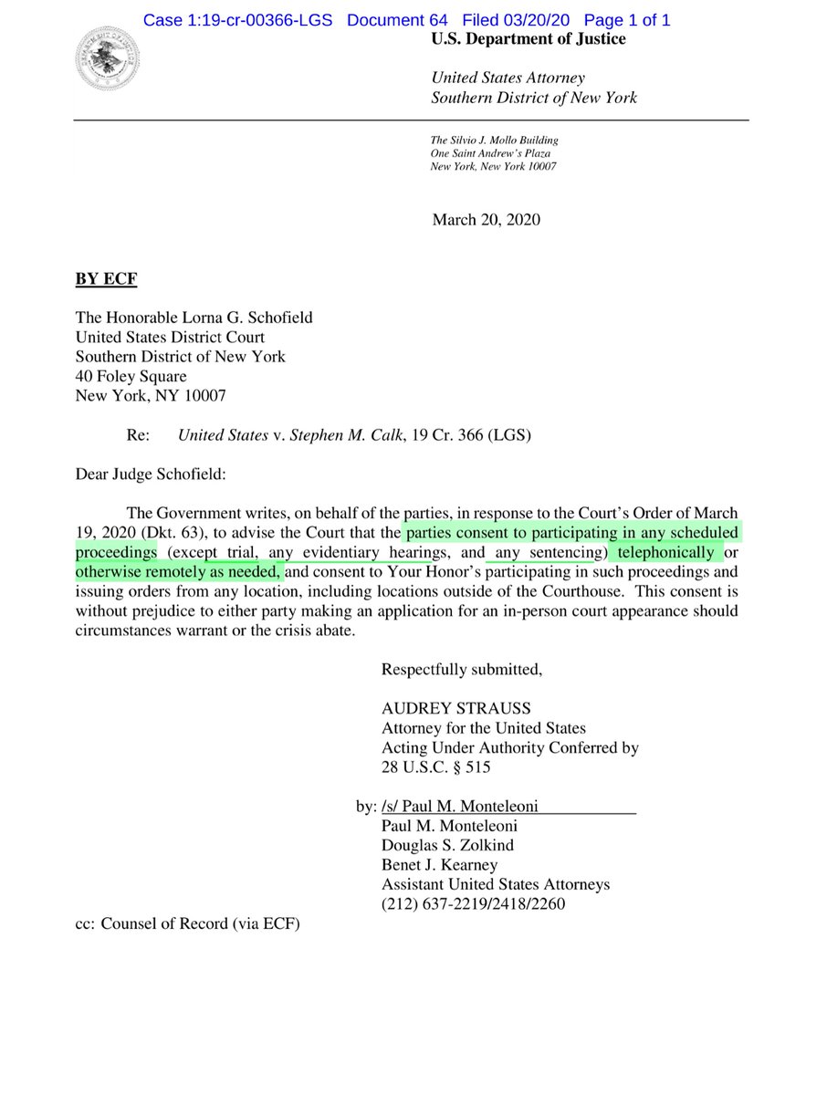 Welcome to the NEW Federal Judicial Normal (at least in the short term)I like the Govt preemptively foreclosing on Calks move to “remote trial” proceedingsI still maintain his best bet is strike up a plea agreement sooner than later.meh whadda I know https://ecf.nysd.uscourts.gov/doc1/127026608155?caseid=516086