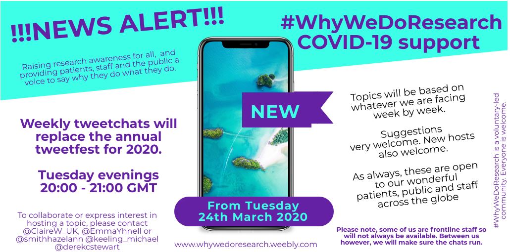 ClaireW_UK's tweet photo. 🛑NEWS ALERT🛑 #WhyWeDoResearch tweetfest 2020 will be replaced by weekly tweetchats around research &amp; support
#coronavirus #COVID19
Commencing Tues 24th, 8-9pm GMT.

Led by myself, @EmmaYhnell
@smithhazelann @keeling_michael
@DerekCStewart
#makespace4research #teamcno #support https://t.co/fwmRKNCbQk
