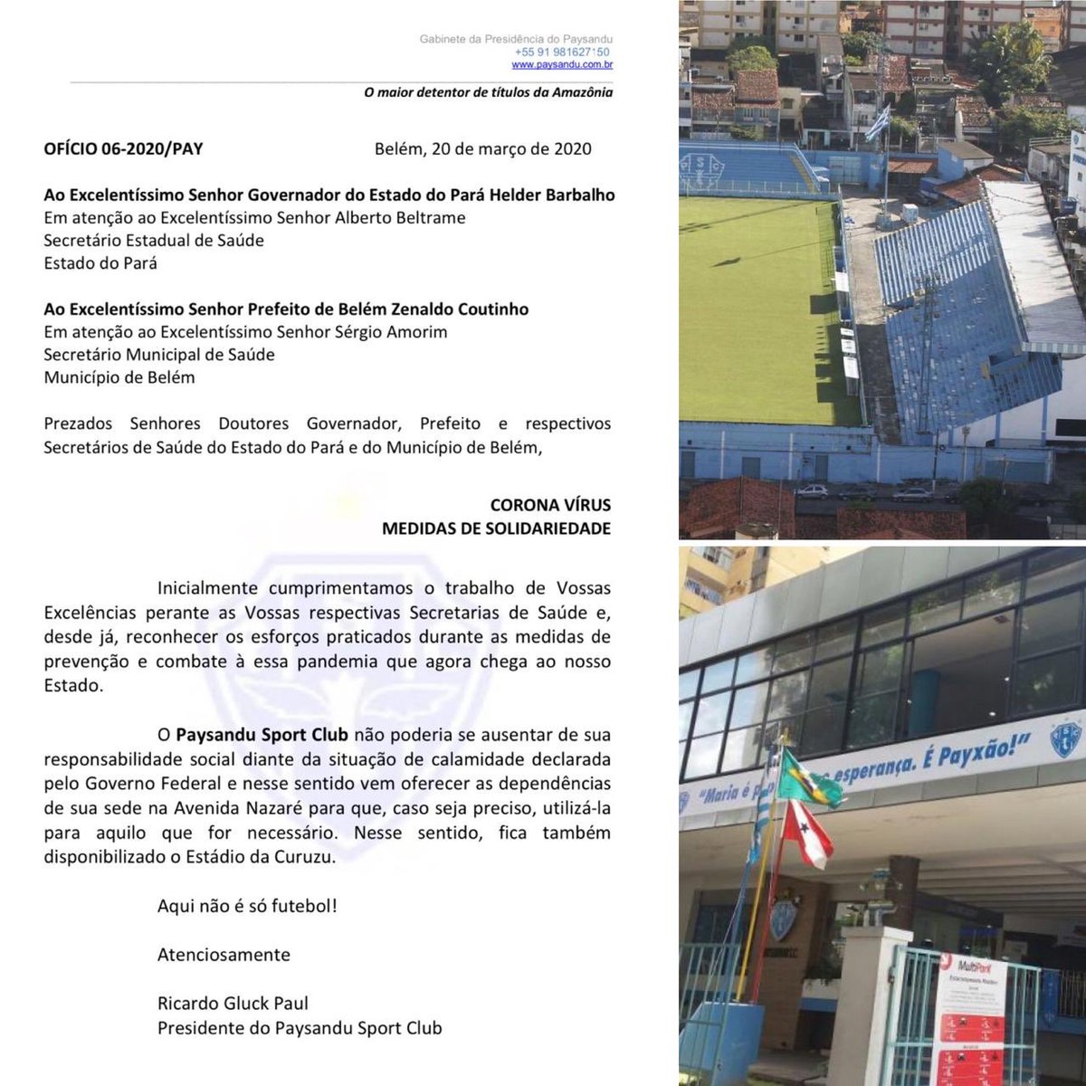 Paysandu's tweet photo. Após ofício enviado ao @GovernoPara e @prefeiturabelem, informamos que disponibilizamos toda a estrutura da Sede Social, Estádio da Curuzu e o Hotel Antônio Diogo Couceiro, com 19 quartos que podem ser transformados em leitos, aos poderes municipal e estadual contra o Covid-19! https://t.co/kH2G2JGHoQ