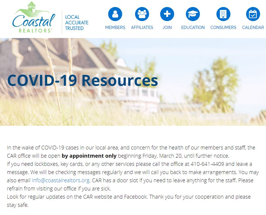 CoastalAOR's tweet photo. @CoastalAOR rolls out new #Covid_19 Resource Page for members: https://t.co/1lrh0umuqN #realtors #realtor #realestate #local #accurate #trusted #professionals #maryland #easternshore https://t.co/dkb3T531LG