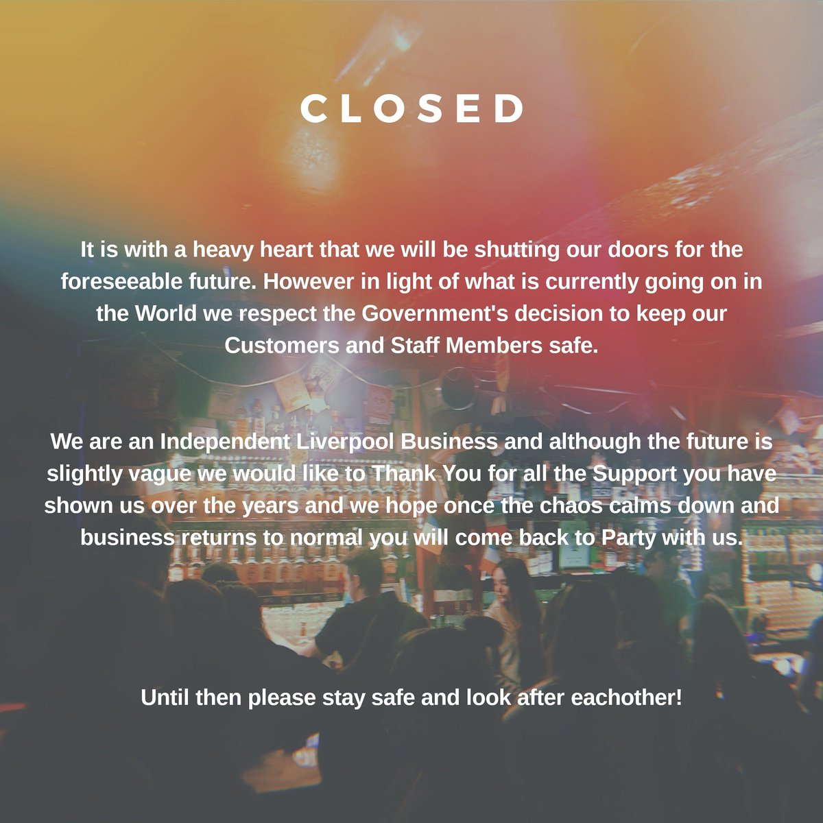 Bar_CaVa's tweet photo. ❤  C L O S E D ❤ Get well soon World 🌍 #BarCava #Liverpool #TequilaBar #IndependentLiverpool #LiverpoolIndustry #LiverpoolHospitality https://t.co/Dq0DsDIBvK