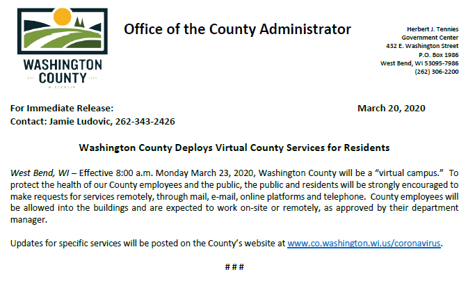WashCoWisco's tweet photo. Beginning Monday March 23, Washington County will be moving to a virtual campus. For a breakout by service, please visit  https://t.co/m1S2iJ3M5Y https://t.co/1lzu9yqtnX