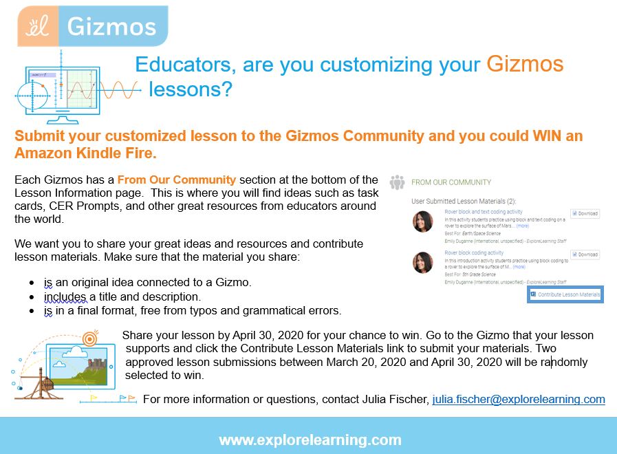 ELBarberHarris's tweet photo. Creative Teachers, 
Are you using #Gizmos from @ExploreLearning? Have you created a customized lesson for your students?  Share with our community through April 30th for a chance to win. https://t.co/cP3dEyxOFk