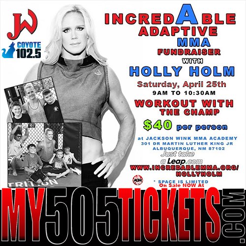 505Tickets's tweet photo. #April 25 @HollyHolm Fitness Challenge Day #Saturday #Apr 25 9AM-11AM @JacksonWinkMMA Academy/ #IncredAble Adaptive #MMA https://t.co/ouknX7lPMU @Coyote1025 @erica_viking Meet /work out w Holly Holm! Only participants w #tickets for this event may enter (no bystanders) #abq #nm https://t.co/lY25z4YN1i