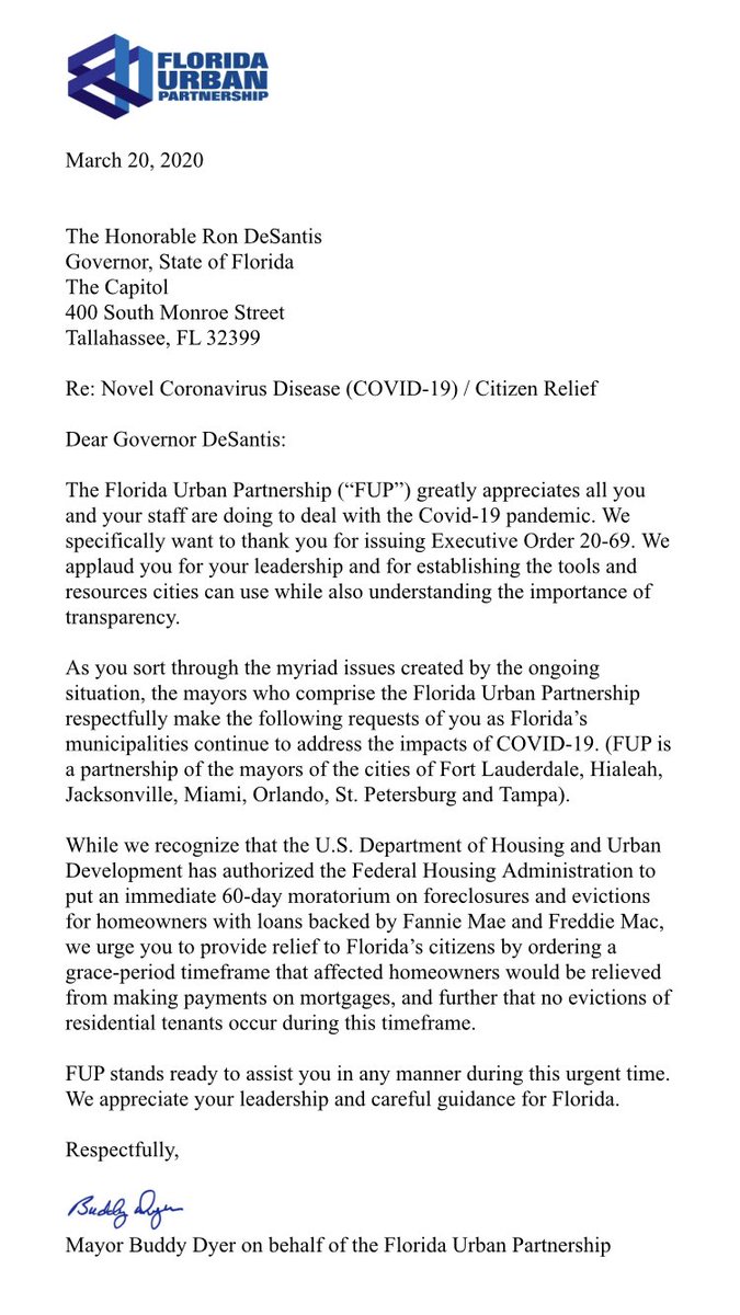 FrancisSuarez's tweet photo. COVID-19 is creating great economic hardship for residents and others. Due to these unforeseen circumstances, I joined other Florida mayors in asking @GovRonDeSantis to provide financial flexibility for mortgage payments and to temporarily stop evictions of residential tenants. https://t.co/TaoFPhtDV2