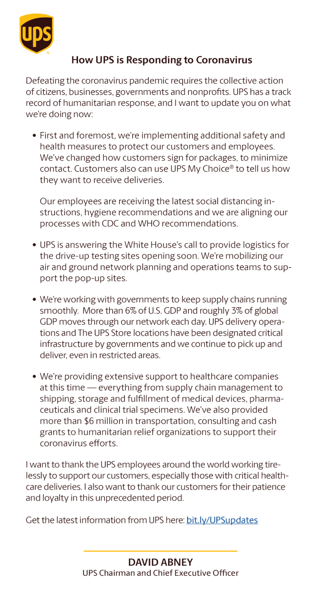 UPSPolicy's tweet photo. Defeating the #coronavirus pandemic requires the collective action of citizens, businesses, governments and nonprofits. 

See @UPS Chairman &amp; CEO David Abney's update on what our company is doing right now, and get the latest info at https://t.co/1faFqfkHwC https://t.co/jMQuKGNk3A