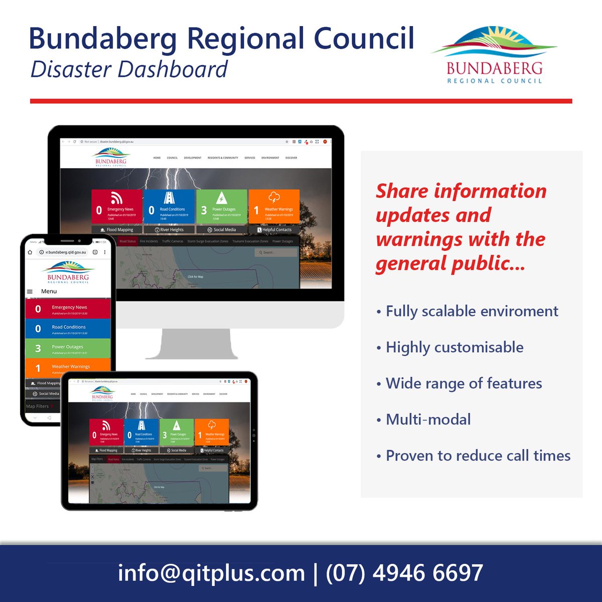 QITPlus's tweet photo. The Bundaberg Regional Council (@bundabergrc) Disaster Dashboard allows them to share important updates and weather warnings with their local community. #BePrepared

➡️ https://t.co/40BQFpm9b2 https://t.co/9pxJ4MslFS