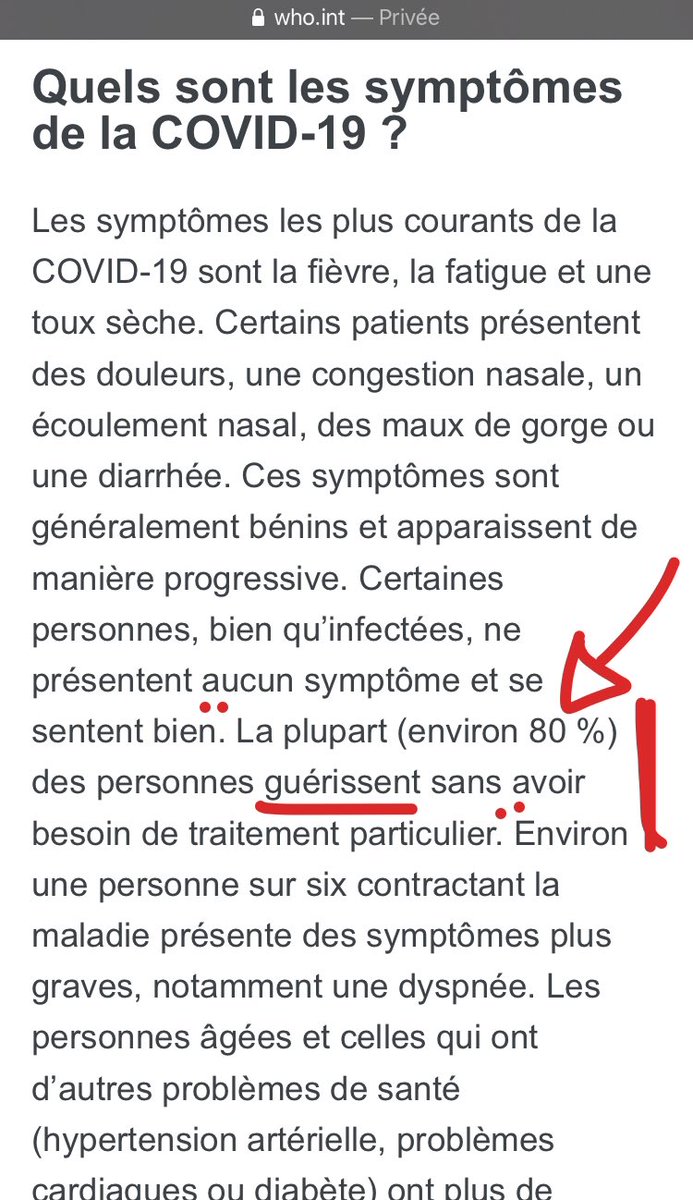 ‼️COVID-19 : OMS / questions-réponses •

«La plupart (environ 80%) des personnes guérissent sans avoir besoin de traitement particulier.»

C’est pour ça qu’il circule si bien, on se croit sain alors qu’on est porteur.

#RESTEZCHEZVOUS , BORDEL❗️