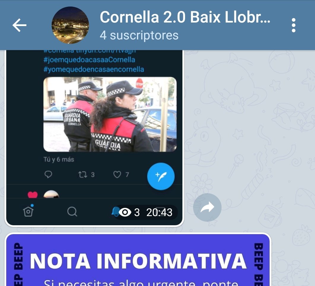 cornella20's tweet photo. #Cornella20 ya tiene canal de #Telegram sígueme en este link
https://t.co/Lol6nT8yEO #información #informació #eventos #noticias #YoMeQuedoEnCasa compartid amigos https://t.co/pXjBL1Djiz
