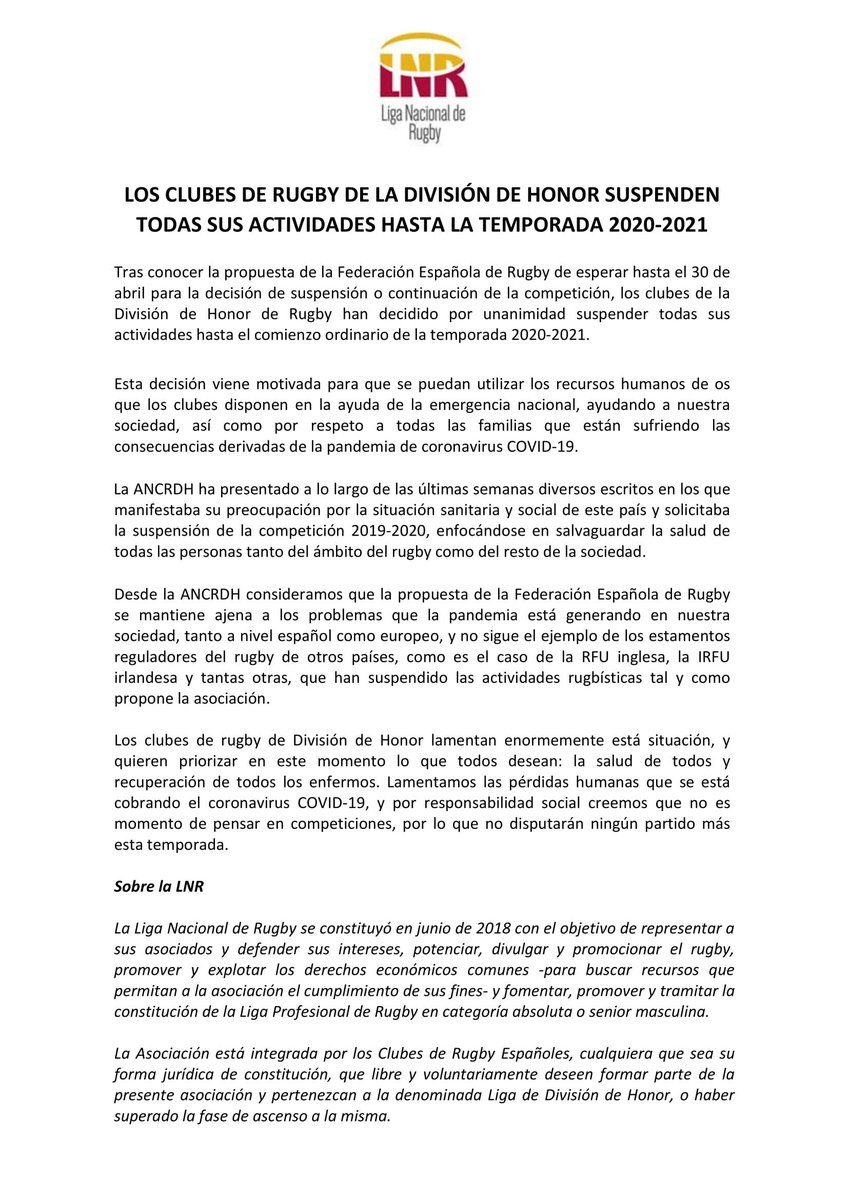 anc_rugby's tweet photo. Los clubes de la @liga_nac_rugby deciden por unanimidad suspender las actividades hasta la temporada 2020/21. https://t.co/ccVgrMn8MN