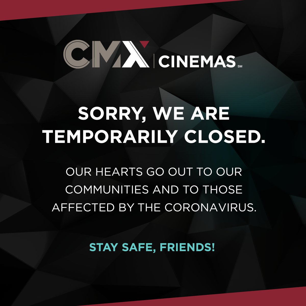As a responsible citizen and in the spirit of protecting our community, CMX Cinemas (formerly Cobb Theatres) has closed operations at all of our theatre locations nationwide until further notice. bit.ly/2QwWMoG