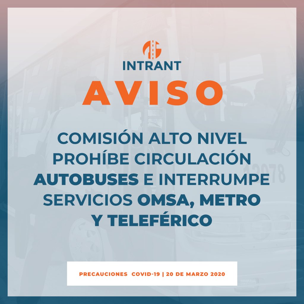 INTRANT_RD's tweet photo. #AVISO | Comisión Alto Nivel prohíbe circulación de autobuses y minibuses interurbanos, e interrumpe servicios @OMSA_RD, @MetroSD_RD y @TelefericoSD, a partir de este sábado 21 de marzo a las 6:00 de la mañana.

La medida busca frenar ritmo de contagio por #COVID19. | #INTRANT. https://t.co/IixU4cWdS6