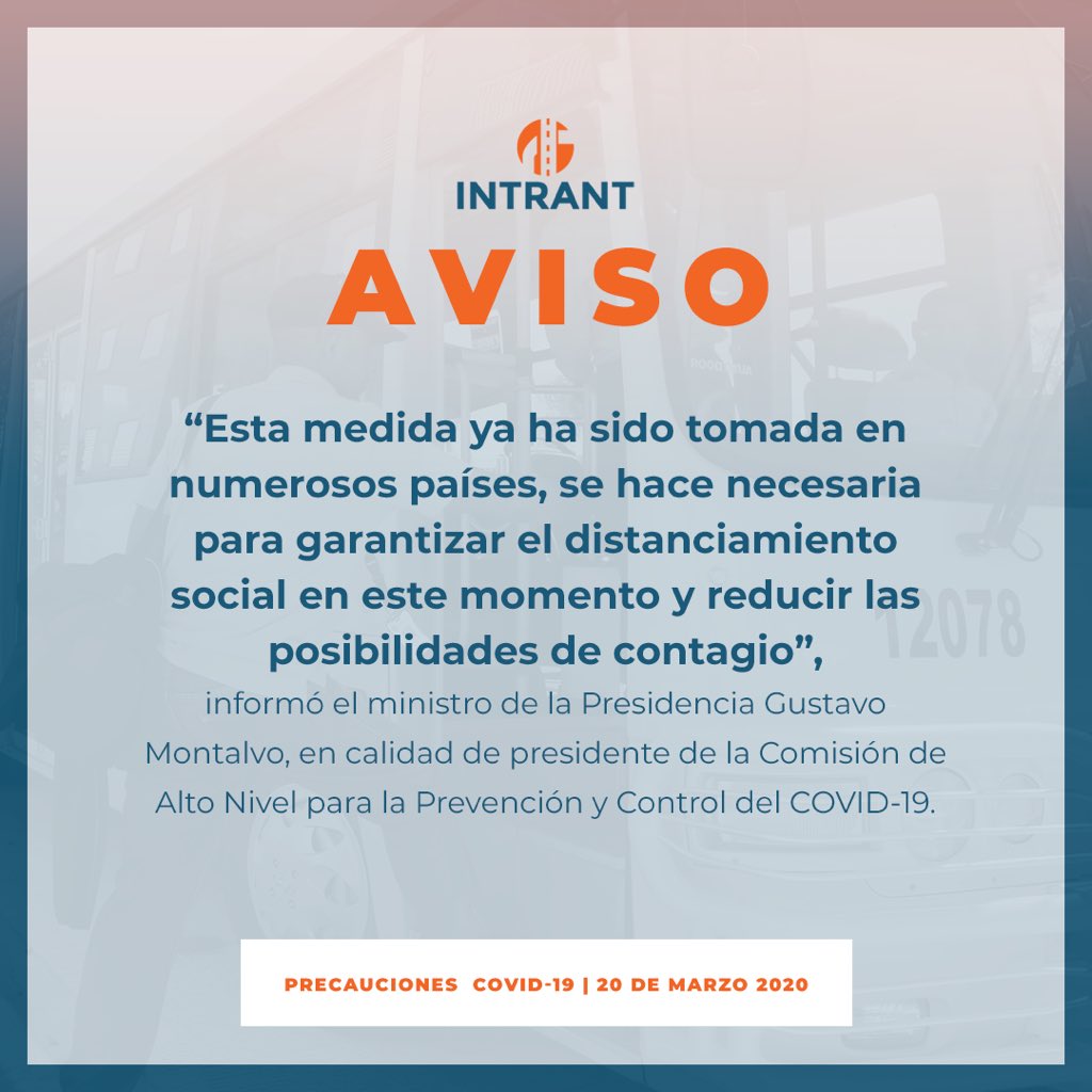 #AVISO | Comisión Alto Nivel prohíbe circulación de autobuses y minibuses interurbanos, e interrumpe servicios <a href="/OMSA_RD/">OMSA RD</a>, <a href="/MetroSD_RD/">Metro de Santo Domingo</a> y @TelefericoSD, a partir de este sábado 21 de marzo a las 6:00 de la mañana.

La medida busca frenar ritmo de contagio por #COVID19. | #INTRANT.