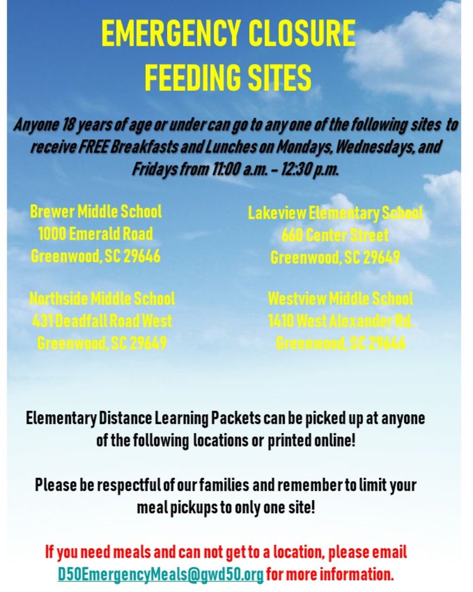 Gwd50Schools's tweet image. Just a reminder that next week our emergency closure feeding sites will be open at Brewer, Northside, Westview, and Lakview on Mondays, Wednesdays, and Fridays from 11:00 am - 12:30 pm. Elementary distance learning packets can also be picked up from any of these locations.