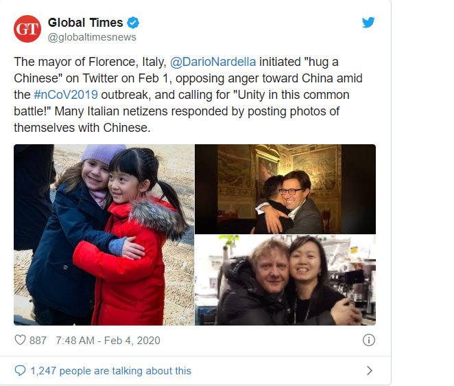 On February 1, 2020, the mayor of Florence initiated something called “Hug a Chinese” day.