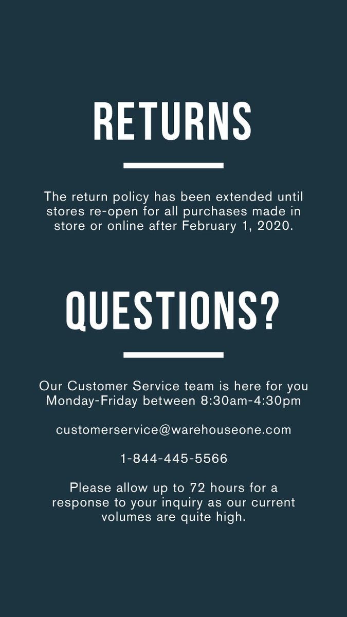 We know everything is weird right now.

As we are all navigating this new normal together, we are looking to bring you inspiration and a break from the daily news.

We will get through this together.

Shipping + Returns: warehouseone.com/ReturnPolicy.h…
Contact Us: warehouseone.com/contactus