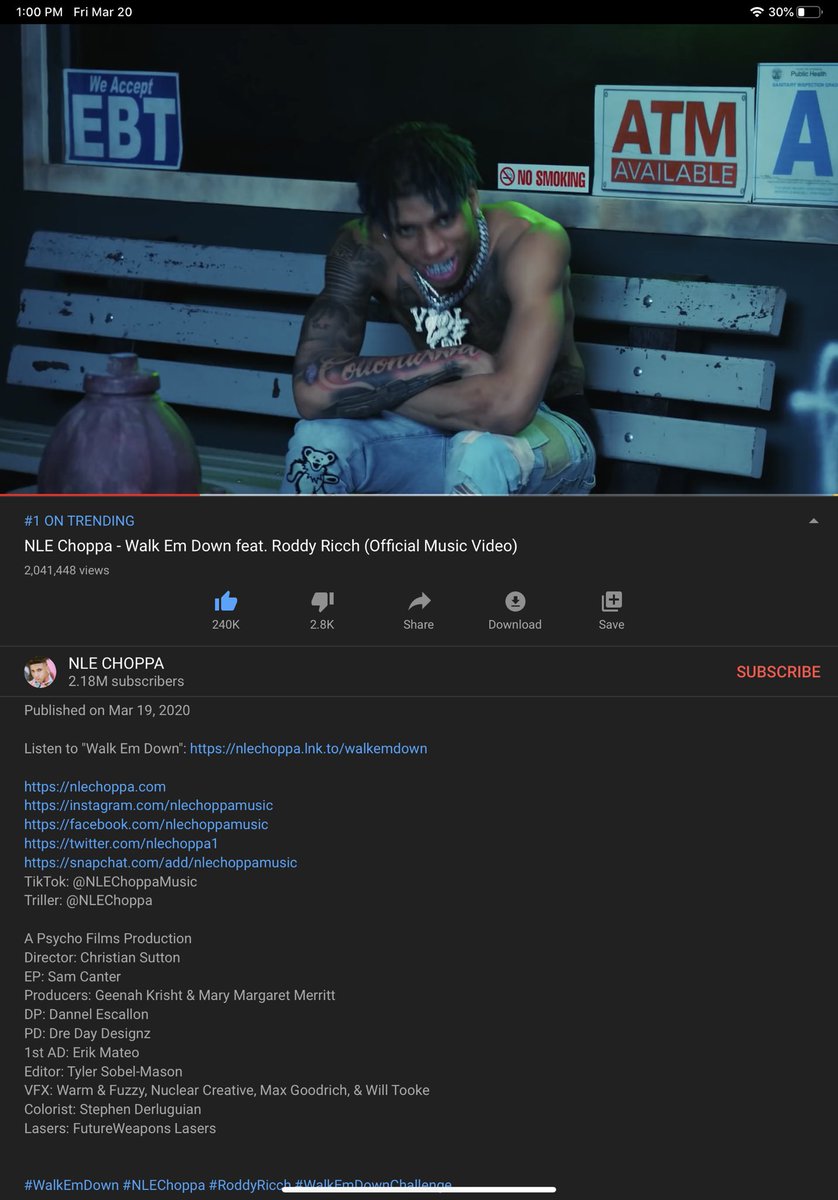 ShowMeSutton's tweet photo. Walk em Down - @Nlechoppa1 ft. @RoddyRicch is the #1 trending video on @YouTube 

Dir. by your’s truly. 

@PsychoFilmsLLC 🧠 https://t.co/bQy7f9XLY8