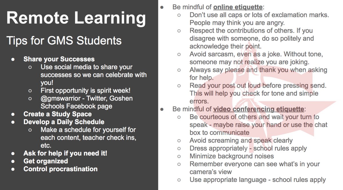 gmswarrior's tweet photo. Remote Learning Tips for Students - Check out this post for tips on using online platforms and video meeting platforms. https://t.co/sz3y9ajDBj https://t.co/LRNaX9JF1G