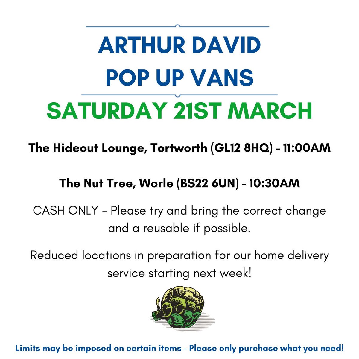 ArthurDavidFWS's tweet photo. Tomorrow's Pop up Vans! 
This has been reduced due to preparing for home deliveries - starting next week!

We have been inundated with messages regarding the home delivery service and we really appreciate the support! 🥰

Please support our local family business.

 #Leaveitwithus https://t.co/Fzg9hUVtv7