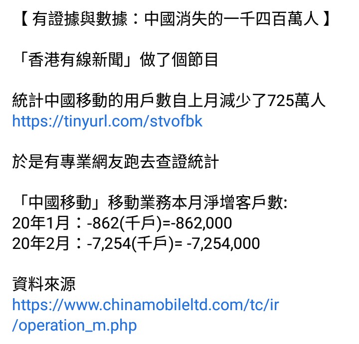 FrankyHong1's tweet image. HK Cable TV program 1&amp;amp; 2/2020 total less 14,472,000 registered mobile in CHINA. They are
tinyurl.com/stvofbk 
-8,116,000 chinamobileltd.com/tc/ir/operatio…
-1,186,000  chinaunicom.com.hk/sc/ir/operatin…
-5,170,000
chinatelecom-h.com/sc/ir/kpi.php
消失1447萬人行動電話用戶數，辦手機必須實名認證
@SolomonYue