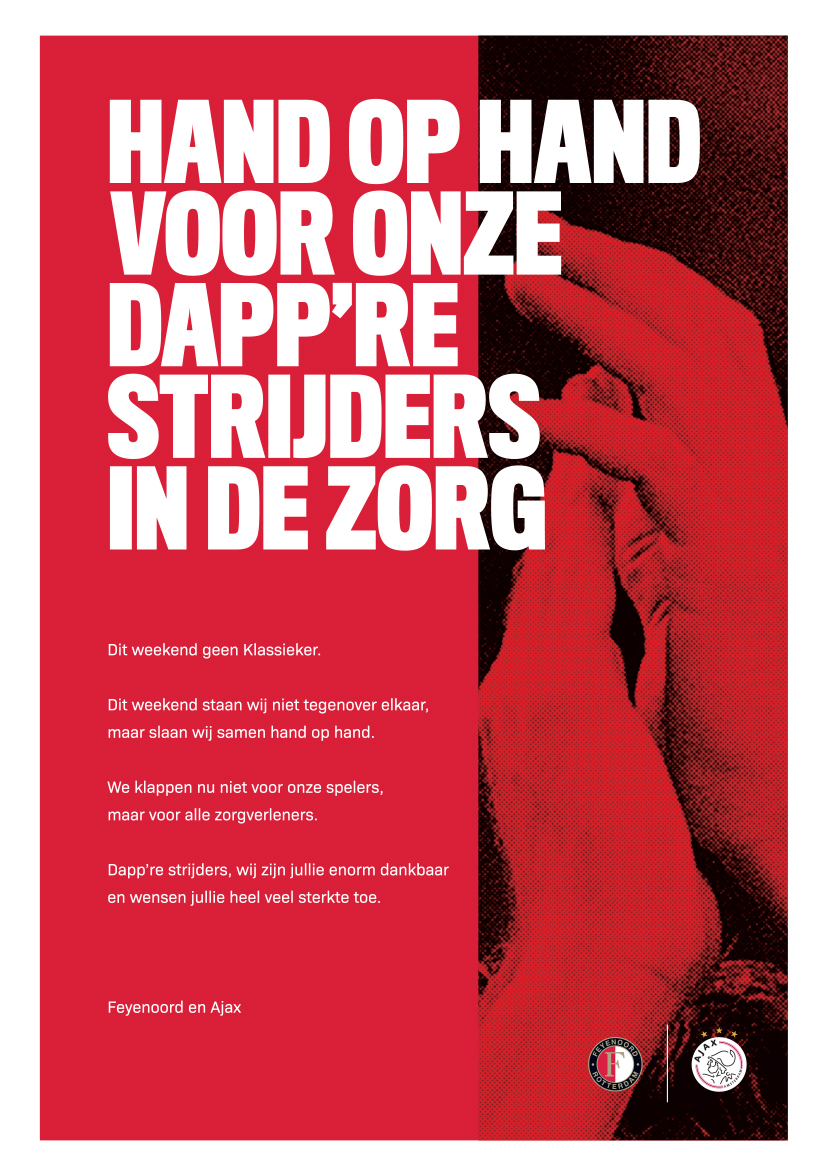 ADSportwereld's tweet image. Feyenoord en Ajax zeggen samen ‘dankjewel’ tegen zorgverleners  ad.nl/article/~a08dc…