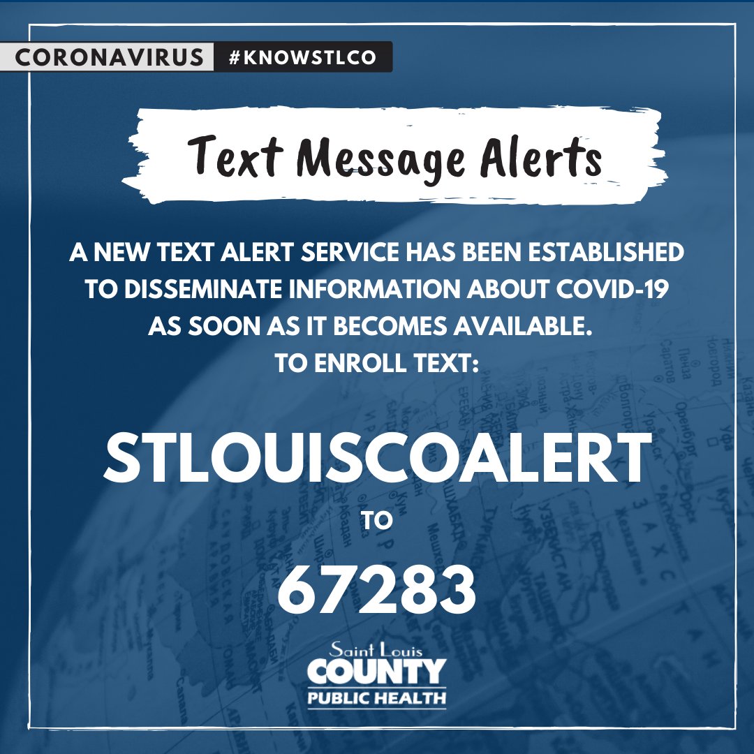 StLCountyDOH's tweet photo. Correction: St. Louis County Government has established a text message alert that residents can use to receive local updates about the current COVID-19 pandemic. Just text the keyword "STLOUISCOALERT" to 67283. More info: https://t.co/9cvHFeBJYy.  @SaintLouCo #KnowSTLCo https://t.co/IouYU18nRX