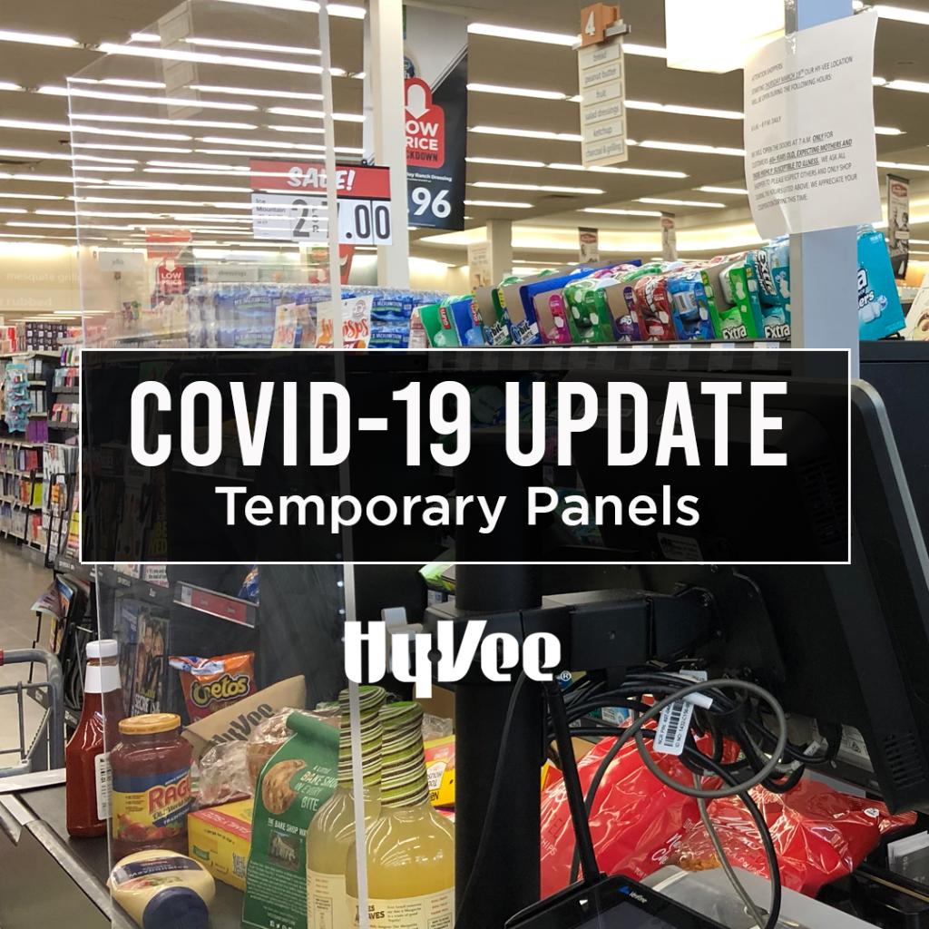 HyVee's tweet photo. To protect the well-being of employees/customers, we’re installing temporary window panels @ checkouts. Since social distancing can be tough @ the checkout vs. other areas of the store, these panels provide another layer of protection against COVID-19. #HelpfulSmileStrong https://t.co/C1WaMXOON7
