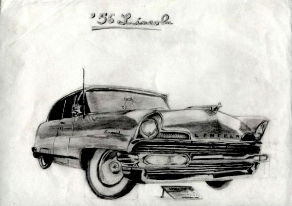 SquiggleDog's tweet photo. This is a drawing of a 1956 Lincoln that I drew in the hall at lunch in the 6th grade. 

Pencil https://t.co/YPzq3U7l9Q