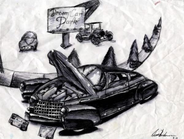 SquiggleDog's tweet photo. This is a drawing of a concept car that I drew when I was 11. 

Pen, white-out https://t.co/1OsDD4ndYs