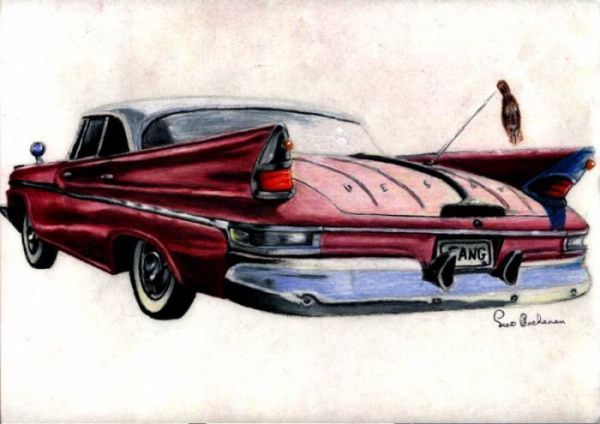 SquiggleDog's tweet photo. This is a drawing of a 1961 DeSoto that I saw while visiting relatives in Arizona. The car was gold but I drew it red instead. I really like the styling of these cars. 

Colored pencil https://t.co/2I7mgCGQXc