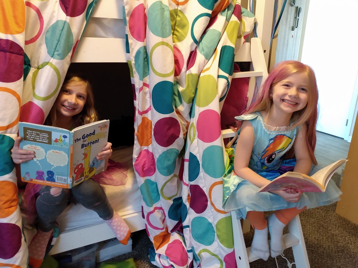 My girls' school had an online spirit week this week. We condensed them all to one day for this pick... Wearing green AND costumes in a blanket fort while doing DEAR time and tagging #olathespirit. Multitasking for the win!