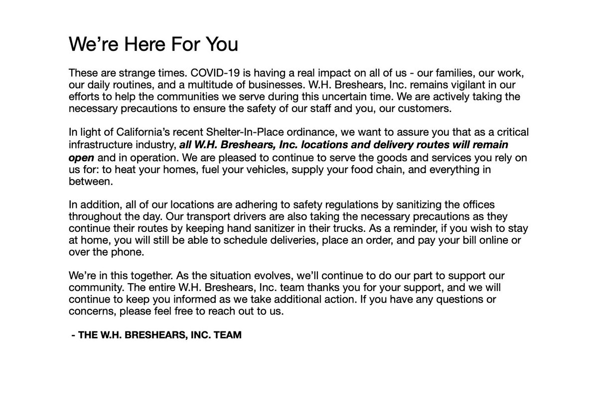 breshearspetro's tweet photo. We're Here for You. In light of California’s recent Shelter-In-Place ordinance, we want to assure you that as a critical infrastructure industry, all W.H. Breshears, Inc. locations and delivery routes will remain open and in operation. https://t.co/lAze1LEURM