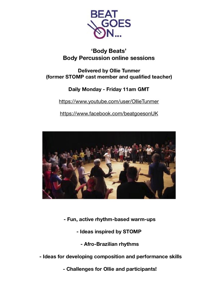 BeatGoesOnUK's tweet photo. Body Percussion daily online session - starting Monday 11am! https://t.co/fApmYDTsTd https://t.co/noV7OLlKAV
