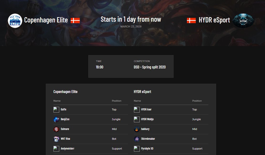 Last game of the split against <a href="/HYDResport/">HYDR esport</a>!
This sunday at 19.00.
The winner takes 2nd place for playoffs.
Come watch at <a href="/xRoskilde/">Emil</a>'s stream for a good time!