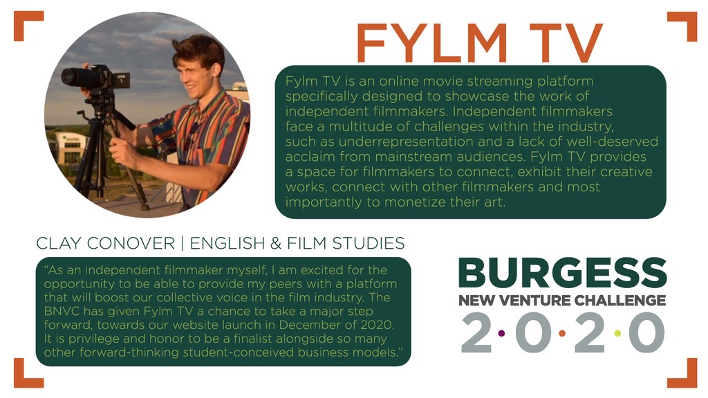 MSUBurgess's tweet photo. This evening, we're sharing three more #BNVC2020 Top 15 #founders! Let's get to know our Spartan Venturers. Next up: Clay Conover, @CALMSU English &amp; Film Studies major &amp; founder of #FylmTV! https://t.co/9Sv7GzvsfB
