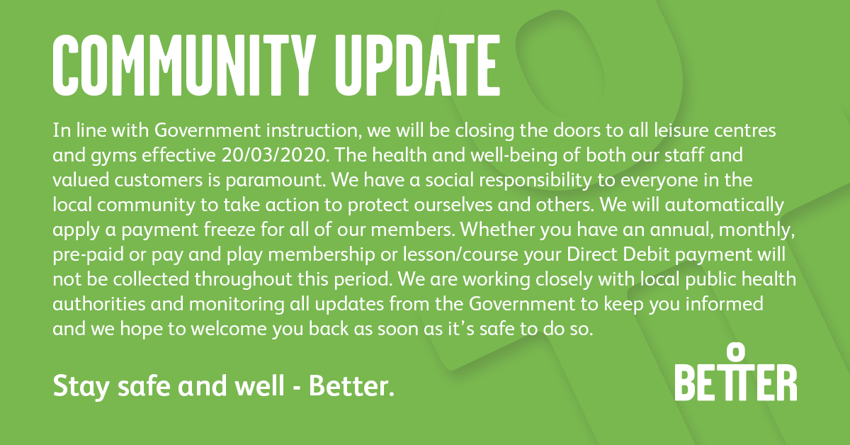 Better_Chiltern's tweet image. The health and well-being of our members and staff is paramount. As such, we will be closing our doors effective 20/03/2020. We hope to welcome you back as soon as it's safe to do so. Stay safe and well, from us all at Better.