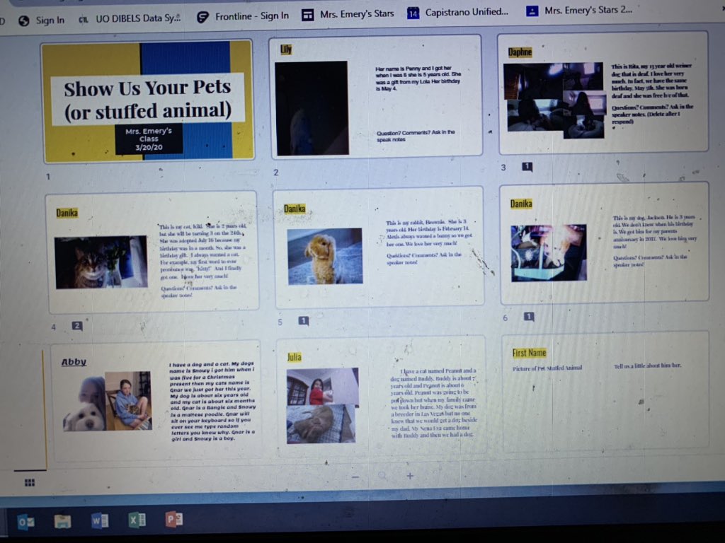 MrsEmerysClass5's tweet photo. Google Classroom Morning Meeting:”Show us your pets(or stuffed animal). I’ve learned about their dogs, cats, and one bunny so far. #socialemotionalskills #ilove5thgrade https://t.co/1pQQElkYa0
