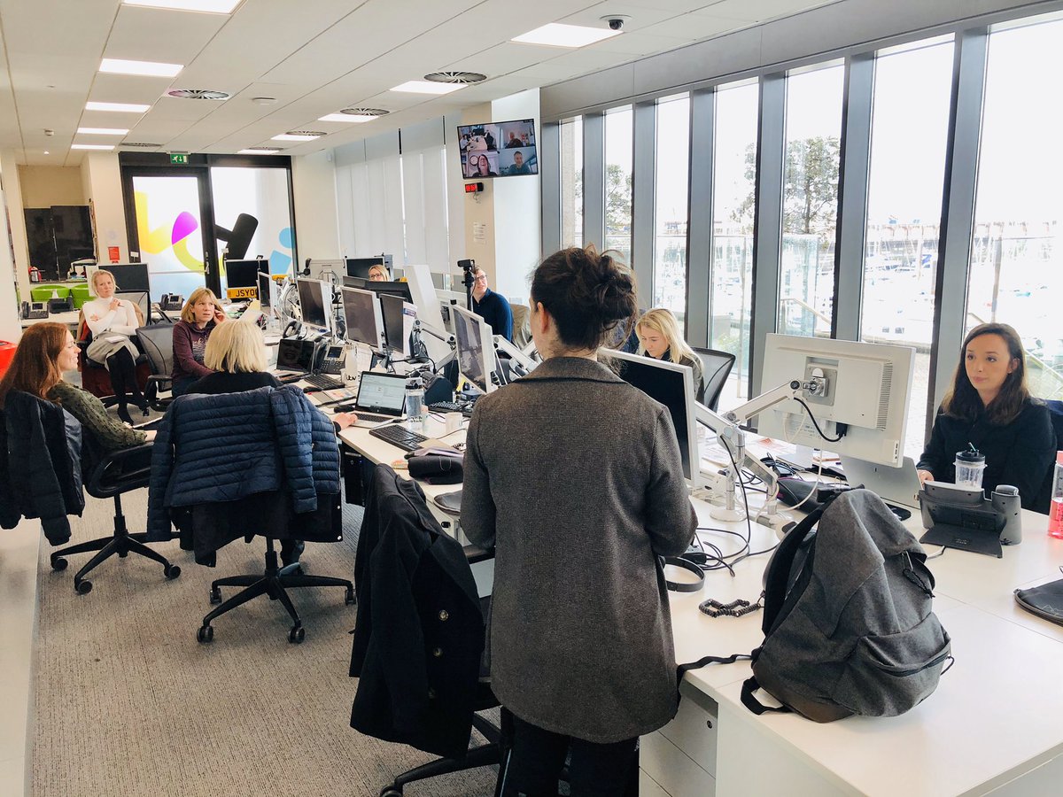My last newsroom morning meeting this morning, with some already working from home via video link on the screen (note the distance we are sitting) From next week I will also be joining by video link. Can’t tell you how proud I am of our <a href="/ITVChannelTV/">ITV Channel News</a> team! #coronavirusnews
