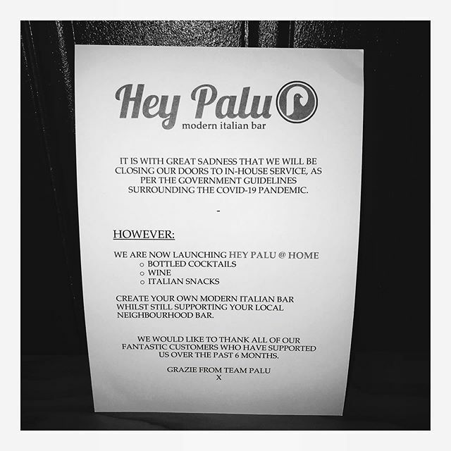 ThePalumbos's tweet photo. UPDATE: we are now officially closing our doors to our in-house service. 
We will be open for our Hey Palu @ Home take away service Wednesday to Saturdays 4pm - 7pm. Keeping you libated 🍷🍸🍹🥃
#heypaluathome #itsbeenemotional #timeatthebar #supportsmal… https://t.co/tb5B5Oaf9E https://t.co/34pDBuONYO