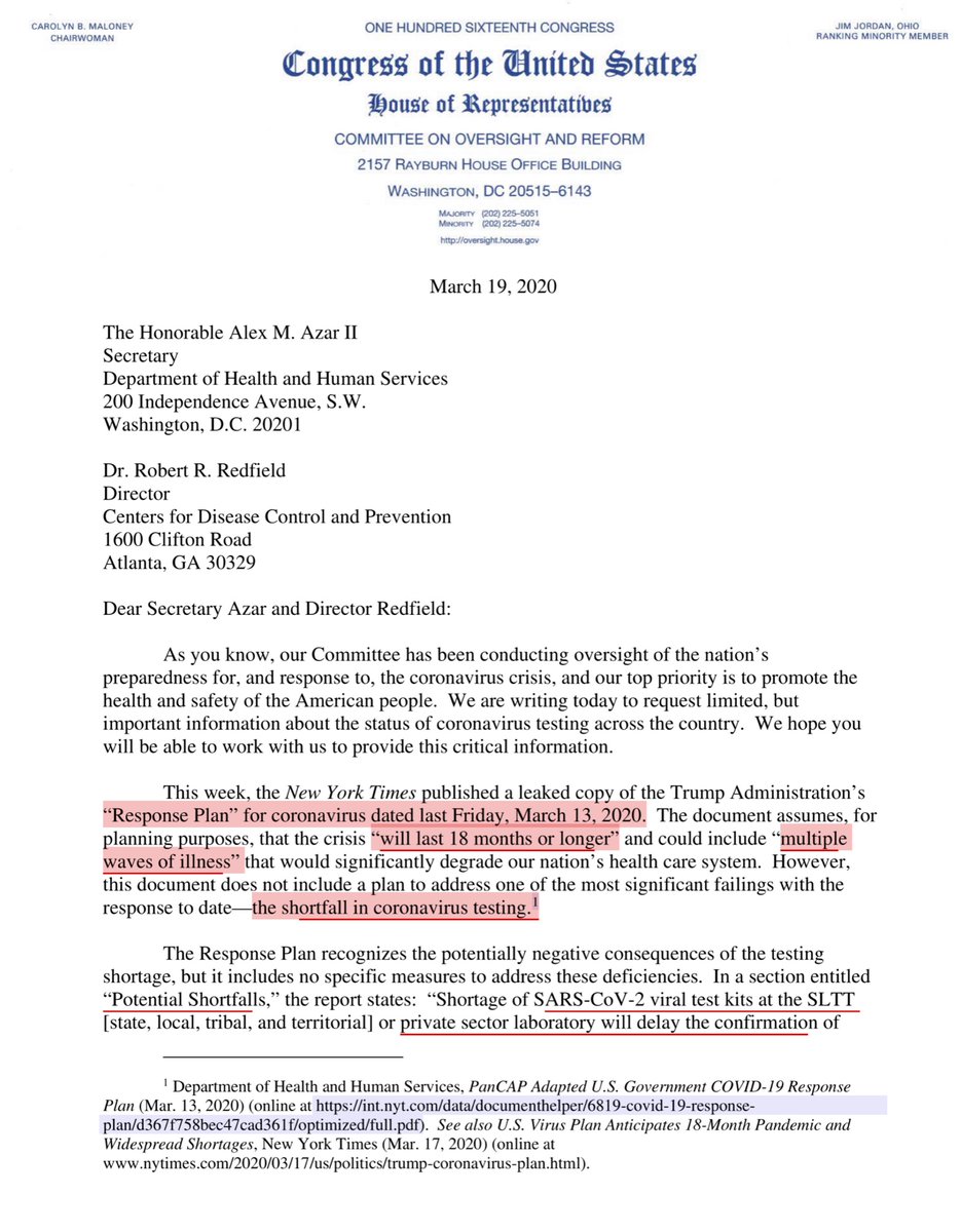 This is DEEPLY problematic - in yesterday’s  @OversightDems letter to  @CDCgov  @SecAzar  @CDCDirector The DJT Trump Administration continues to lie to us, the American people and NOW they are withholding infoWHERE. ARE. THE. TESTs that  @VP promised us? https://oversight.house.gov/sites/democrats.oversight.house.gov/files/2020-03-19.CBM%20RK%20GEC%20JR%20SFL%20to%20Azar-HHS%20and%20Redfield-CDC%20re%20Testing%20Plan%20(002).pdf